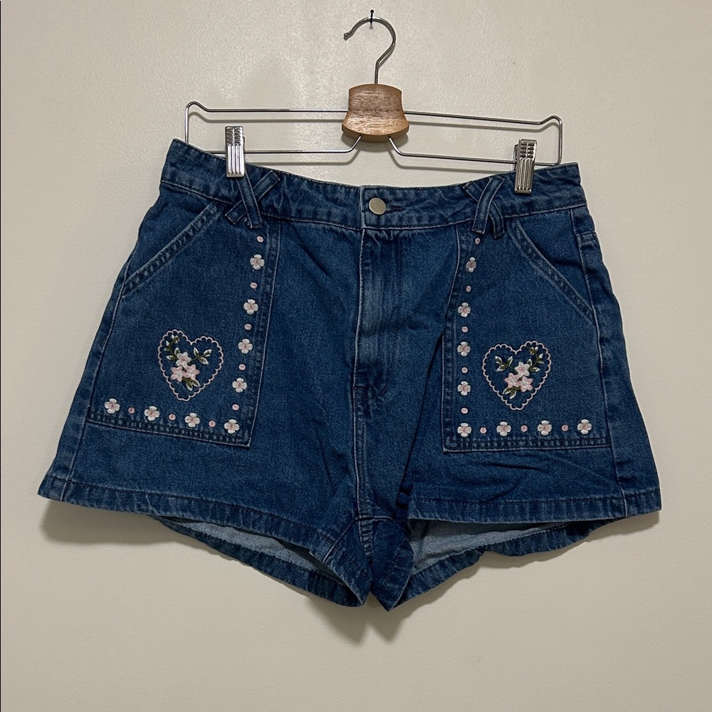 Cider Blue Jean Shorts with Floral Heart Embroidery
